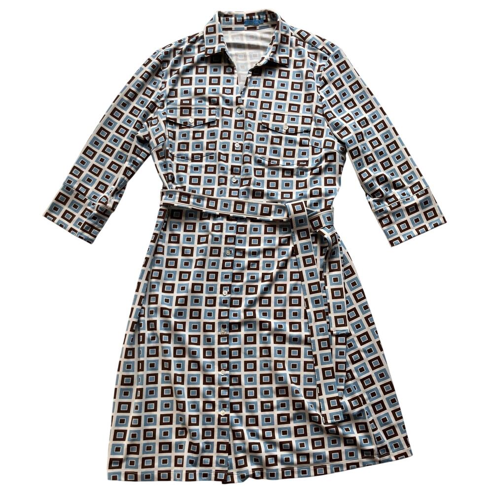 J. McLaughlin Jersey Belted Shirtdress Size XL 70s Groovy Square Print